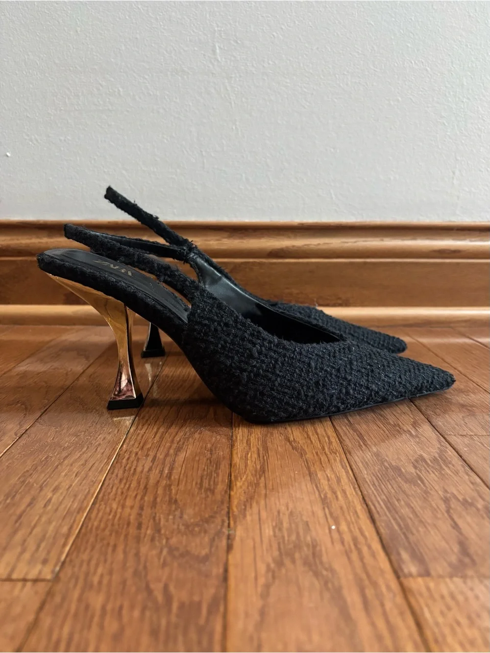 Zara Black Tweed Pointed Toe Sling Back Heels with Gold Tone Accents